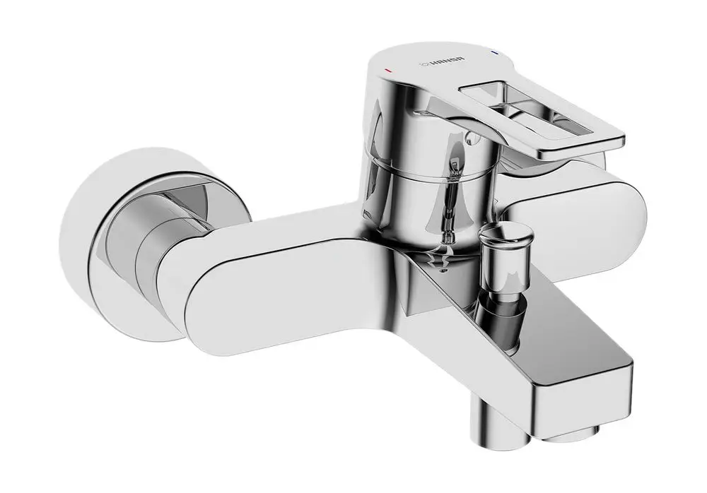 Einhebelmischer aus Chrom mit Bügelhebel und seitlichem Wasserabgang. Geeignet für den Einsatz als Brausebatterie. Marke HANSA.